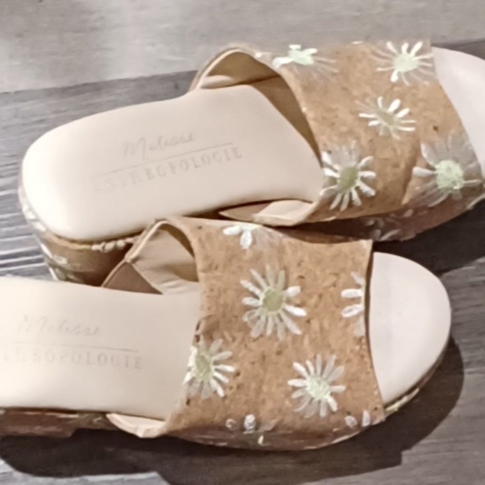 Anthropology Matisse Terry Floral Embroidered Platform Cork Slide Sandals